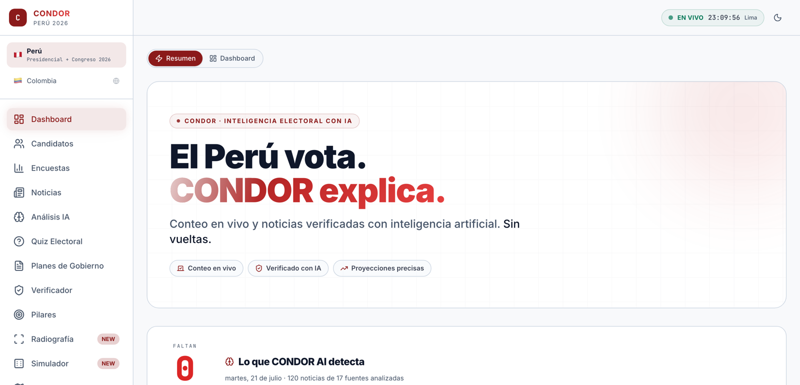 Dashboard de CONDOR con el hero 'El Perú vota. CONDOR explica.' y el briefing 'Lo que CONDOR AI detecta'